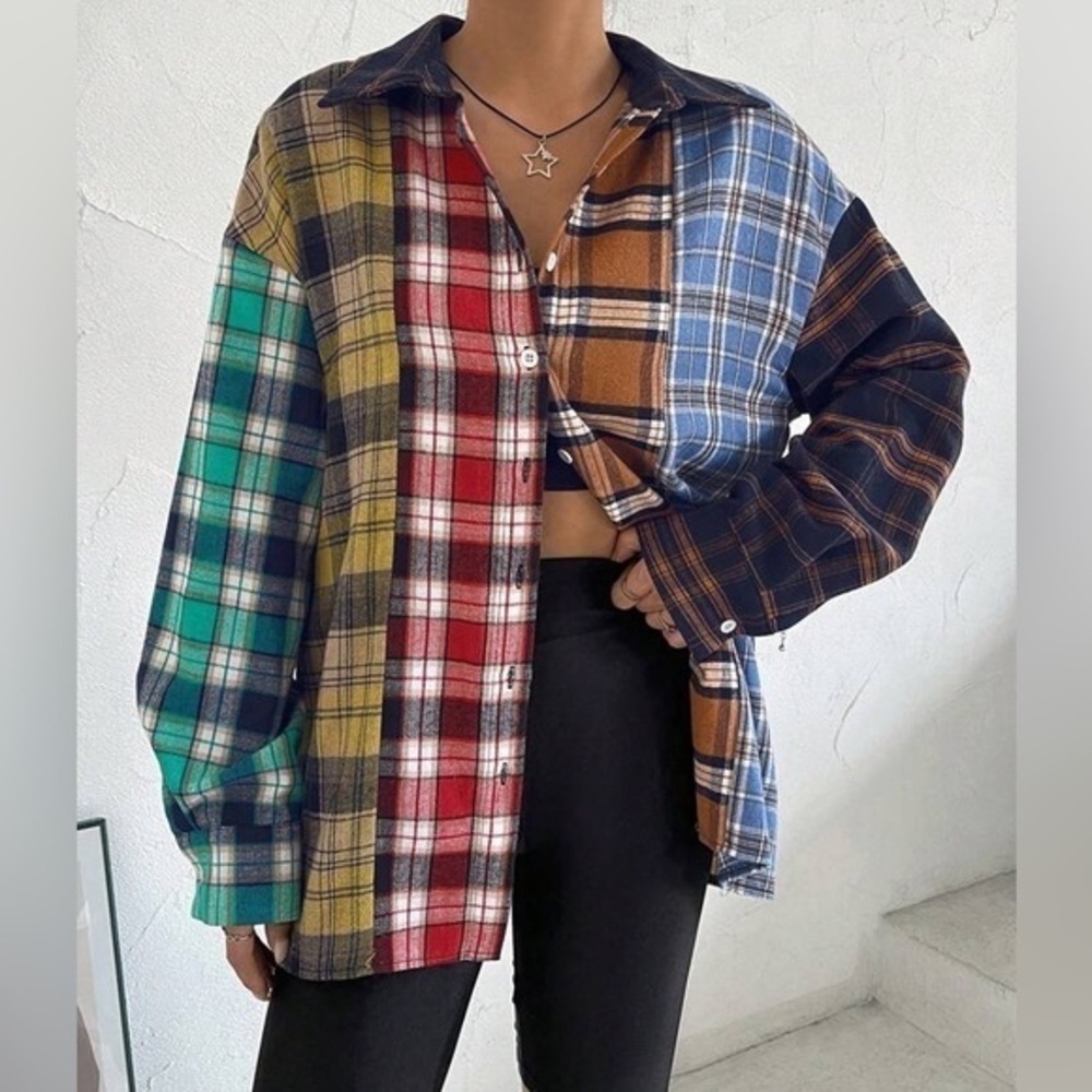 Plaid colorful long sleeve T-shirt size medium/small/large - Picture 1 of 5